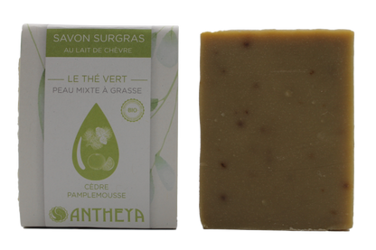 Antheya -- Savon lait de chèvre thé vert et argile - peaux grasses (bande papier) - 100 g